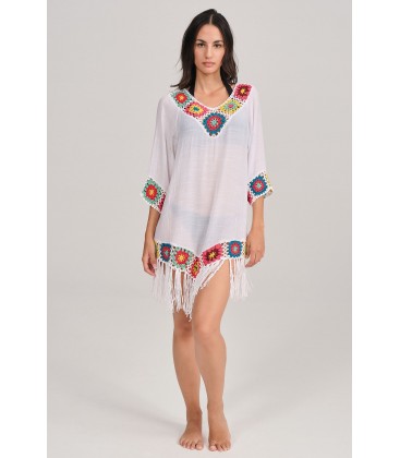 Caftán corto mujer con flecos de colores Rasdemar