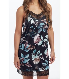 Camisón mujer de satén con flores en negro