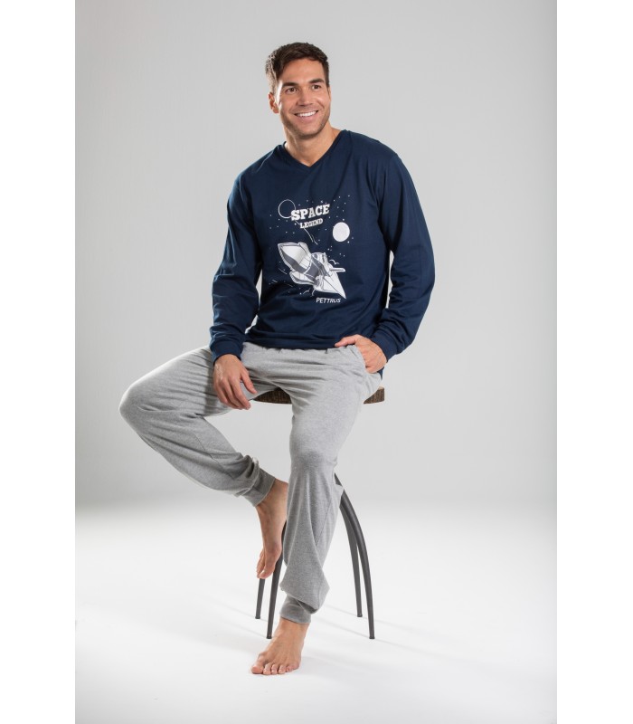 Pettrus pijama de hombre cuello redondo con pantalon con bolsillos